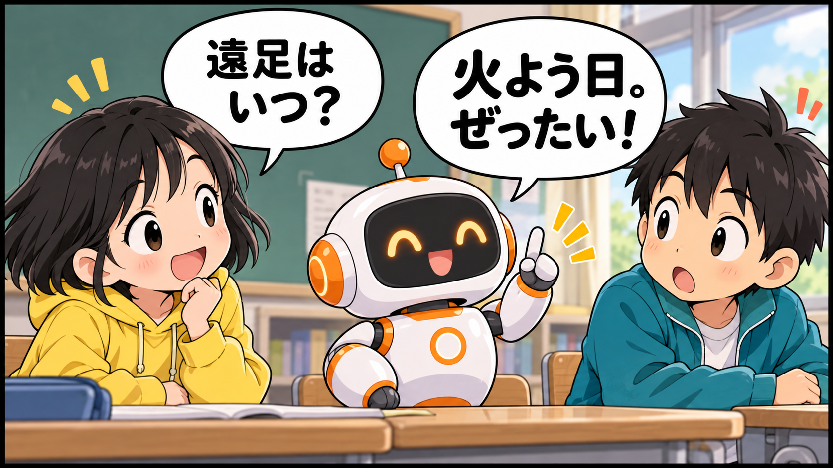 あおいが遠足の日を聞くと、コハクは火よう日と言い切りました。もとのお知らせと比べる学習用のお話です。