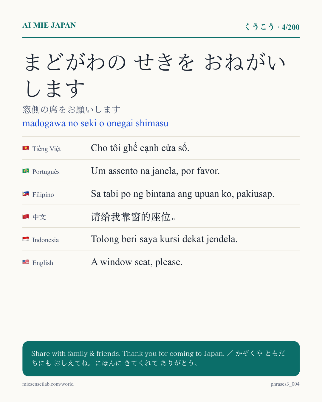 まどがわの せきを おねがいします — 窓側の席をお願いします