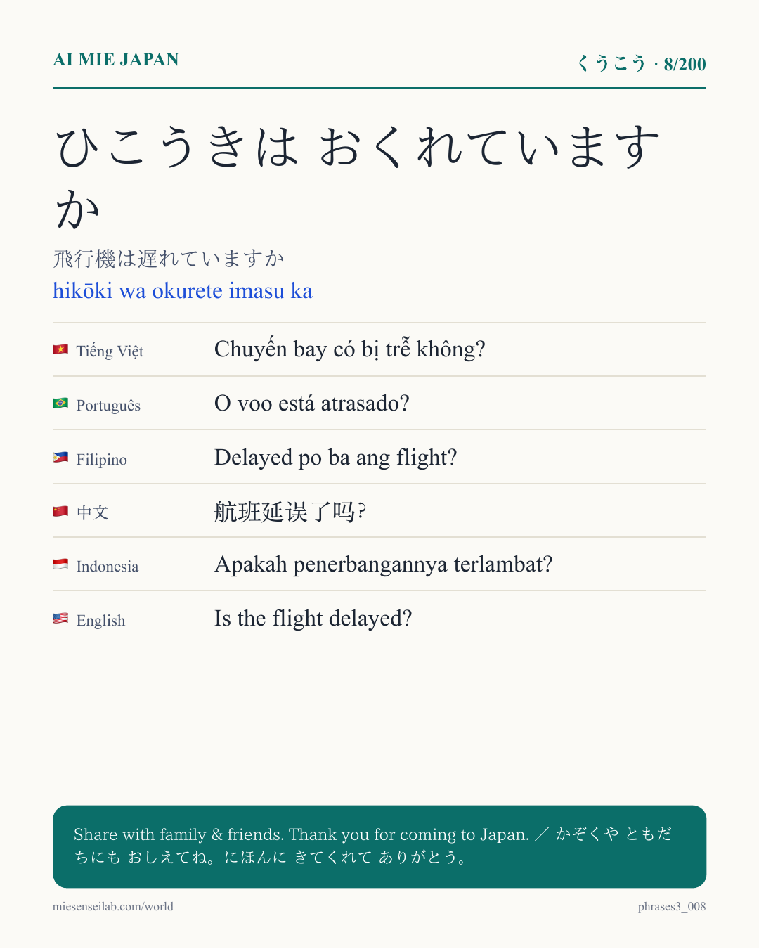 ひこうきは おくれていますか — 飛行機は遅れていますか