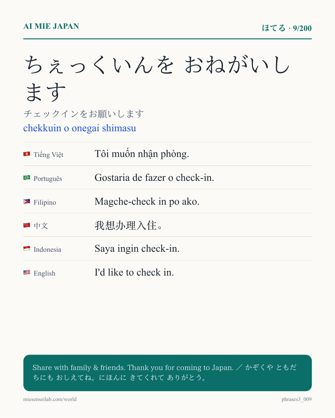 ちぇっくいんを おねがいします — チェックインをお願いします