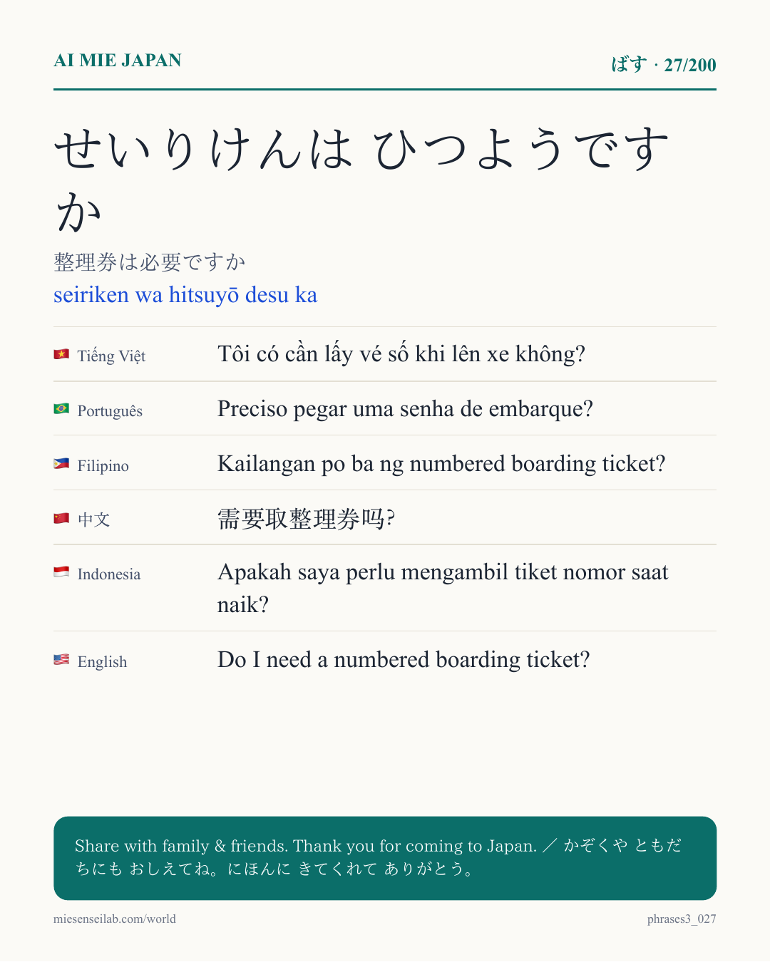 せいりけんは ひつようですか — 整理券は必要ですか