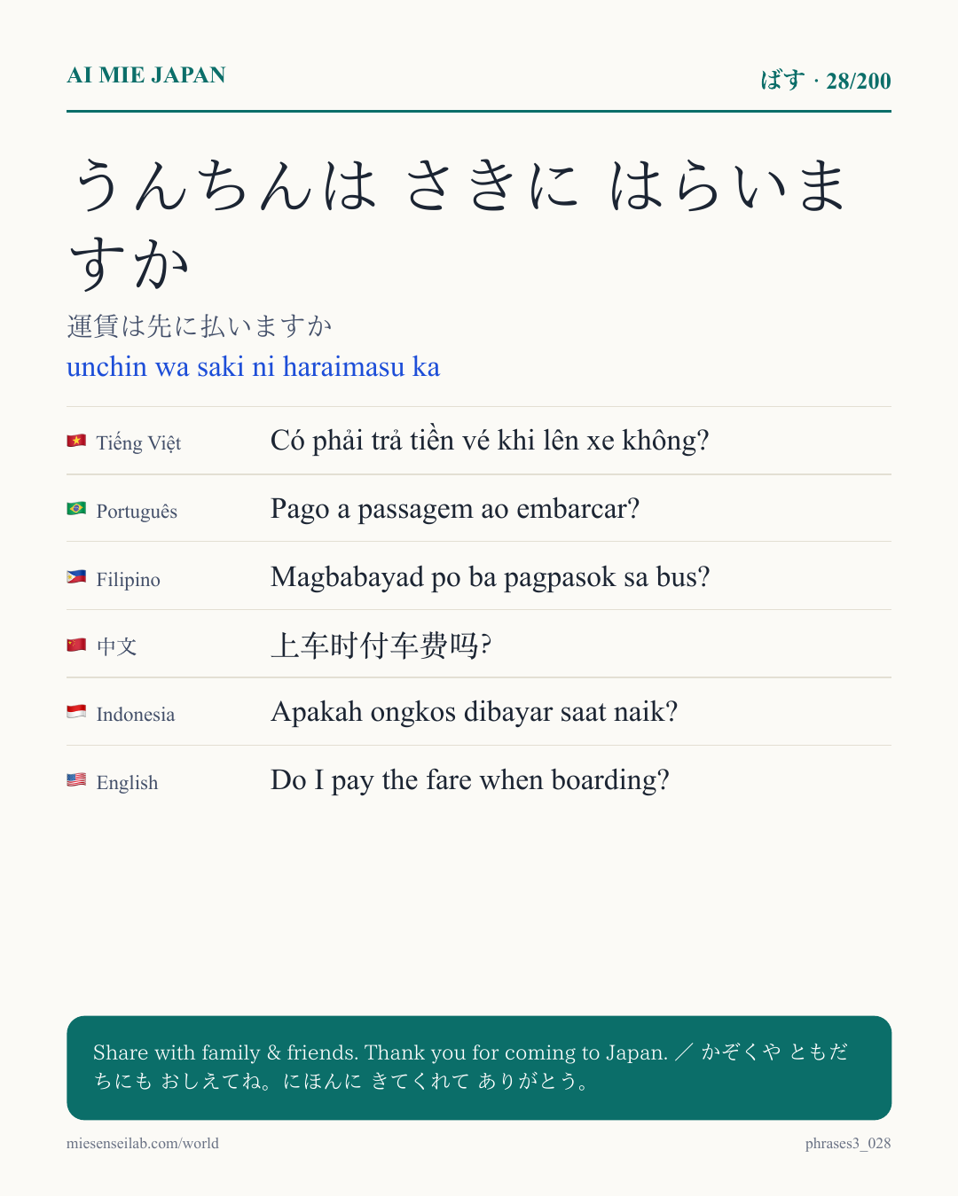 うんちんは さきに はらいますか — 運賃は先に払いますか