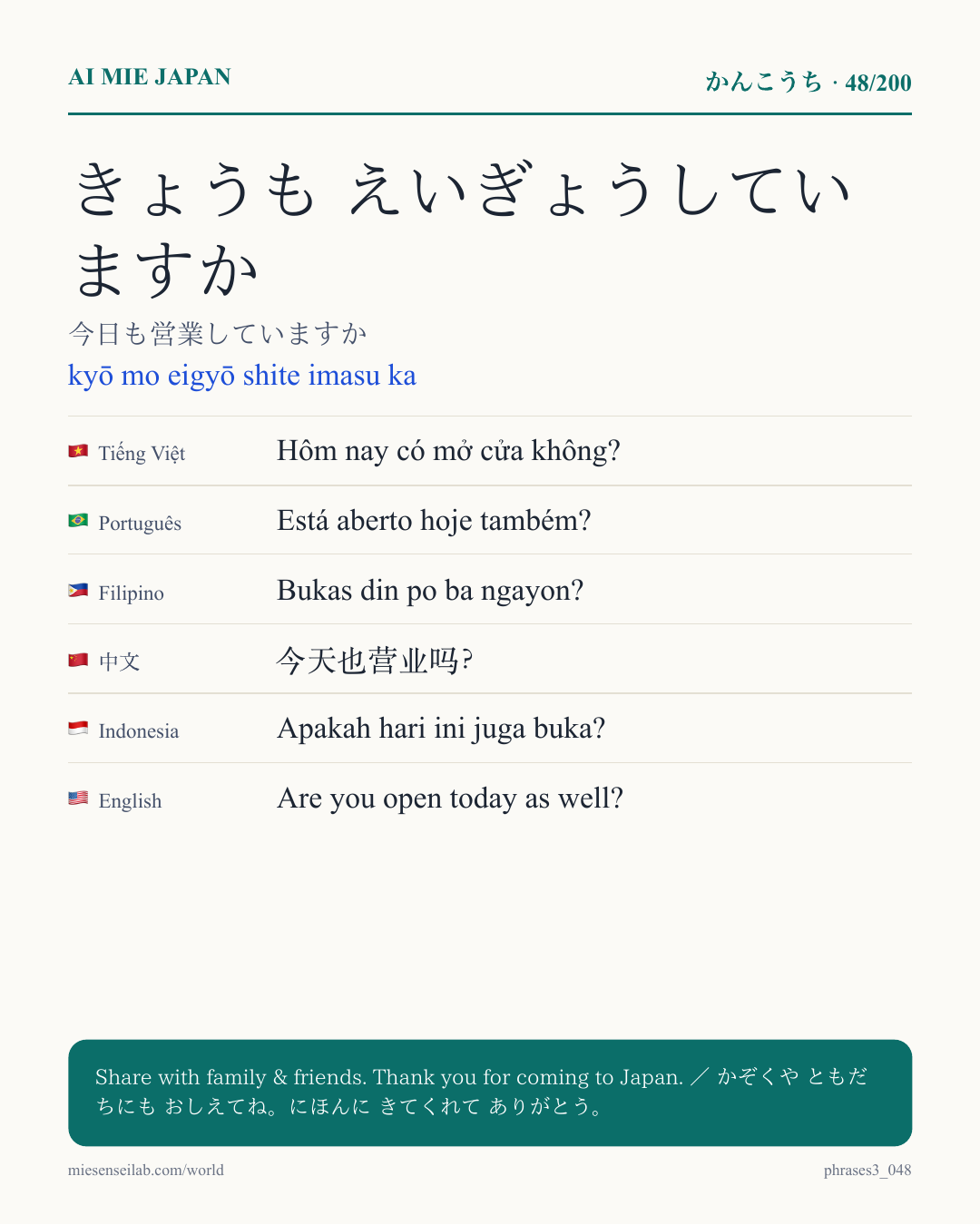 きょうも えいぎょうしていますか — 今日も営業していますか