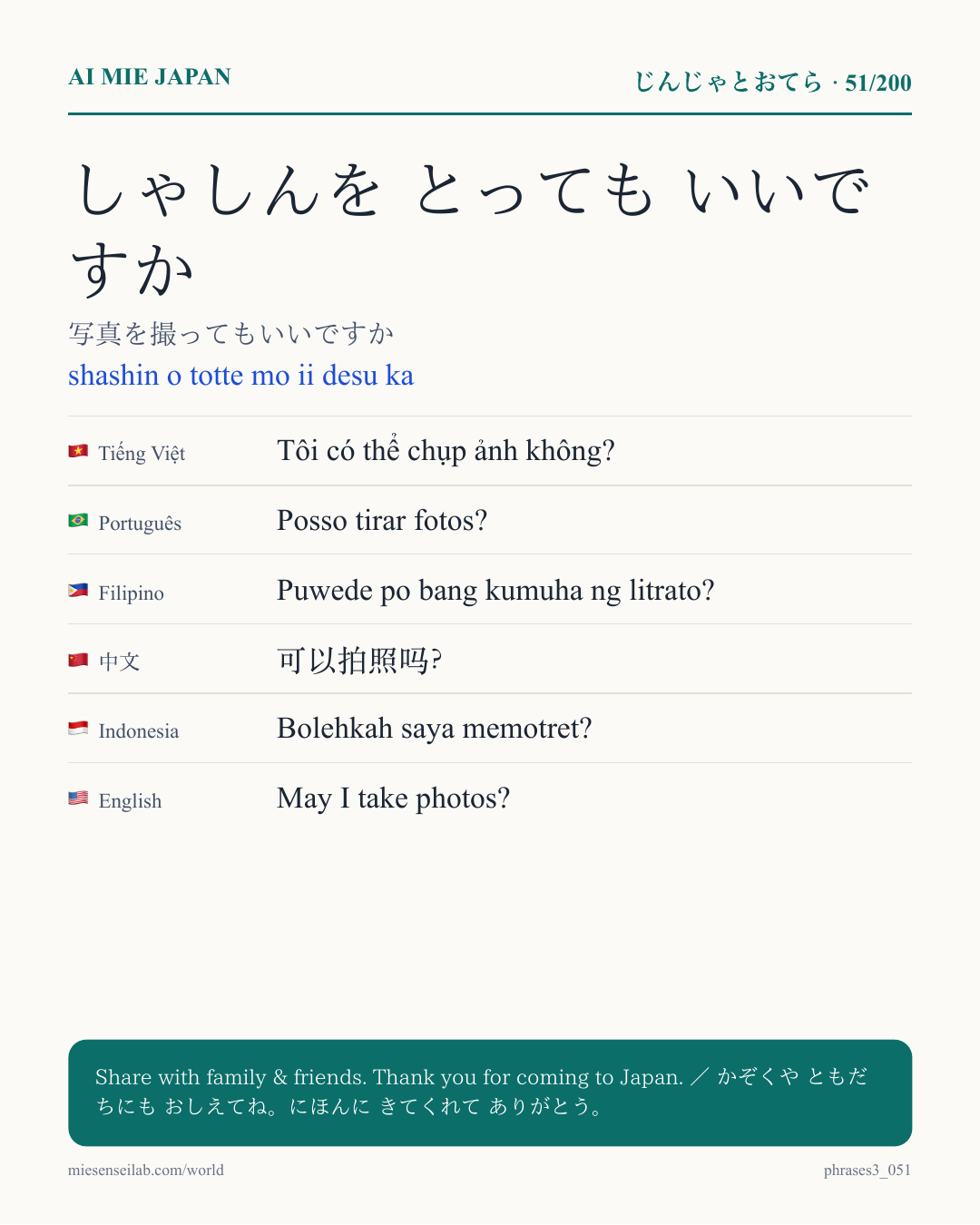 しゃしんを とっても いいですか — 写真を撮ってもいいですか
