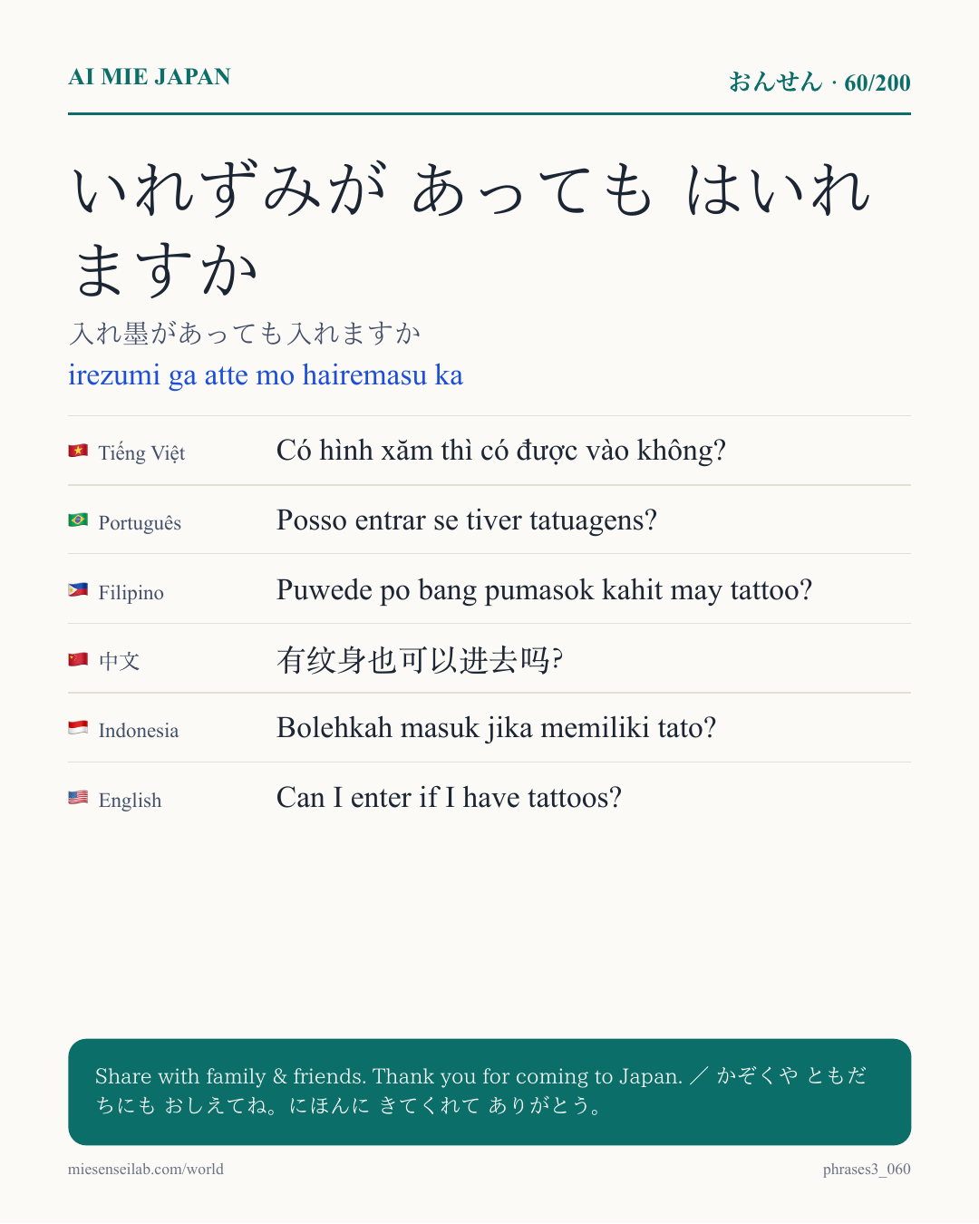 いれずみが あっても はいれますか — 入れ墨があっても入れますか