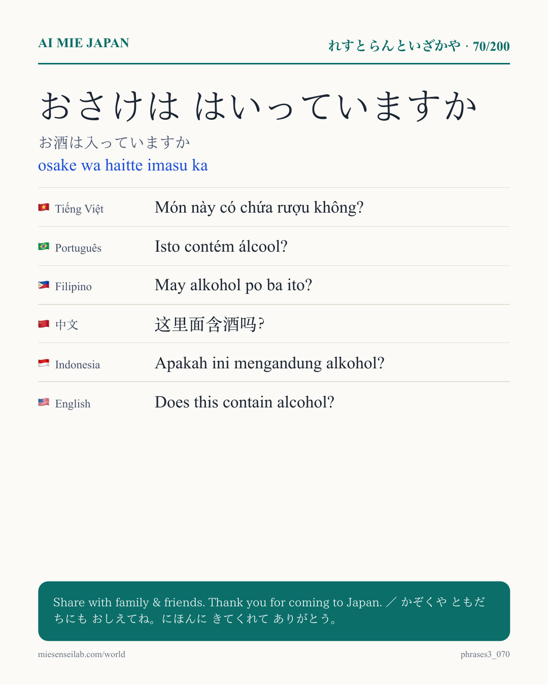 おさけは はいっていますか — お酒は入っていますか