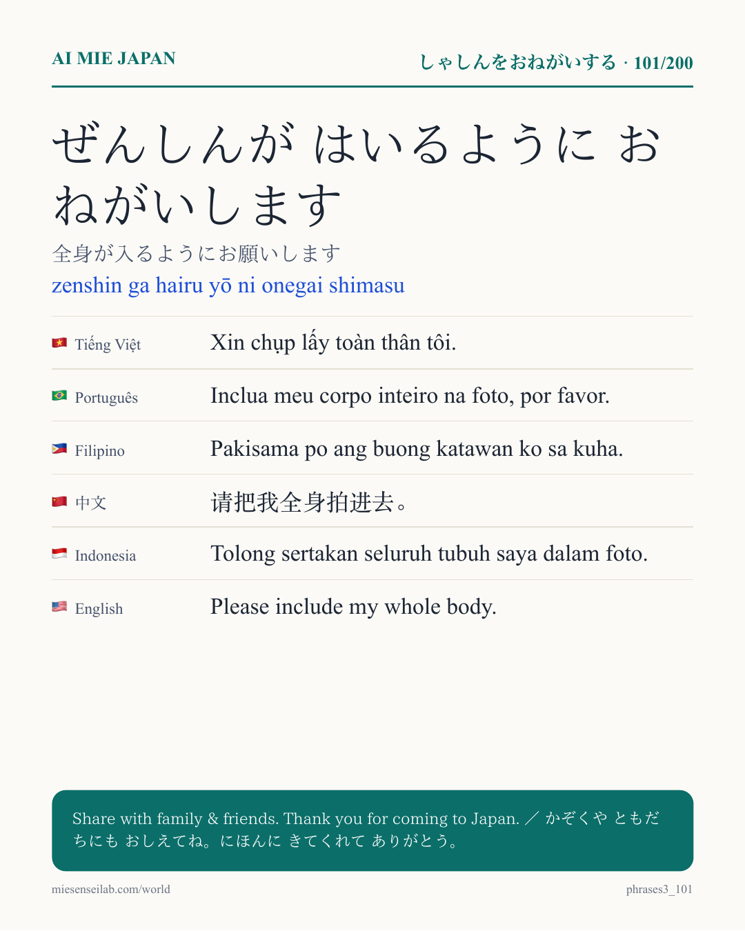 ぜんしんが はいるように おねがいします — 全身が入るようにお願いします