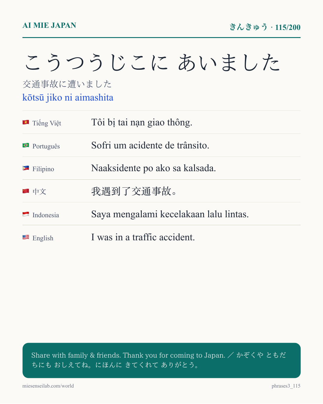 こうつうじこに あいました — 交通事故に遭いました
