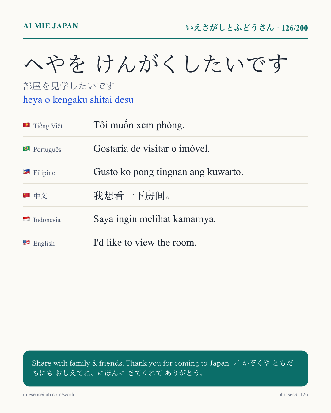 へやを けんがくしたいです — 部屋を見学したいです