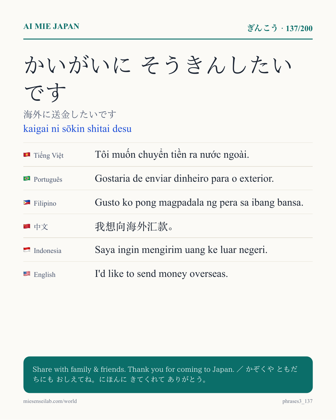 かいがいに そうきんしたいです — 海外に送金したいです