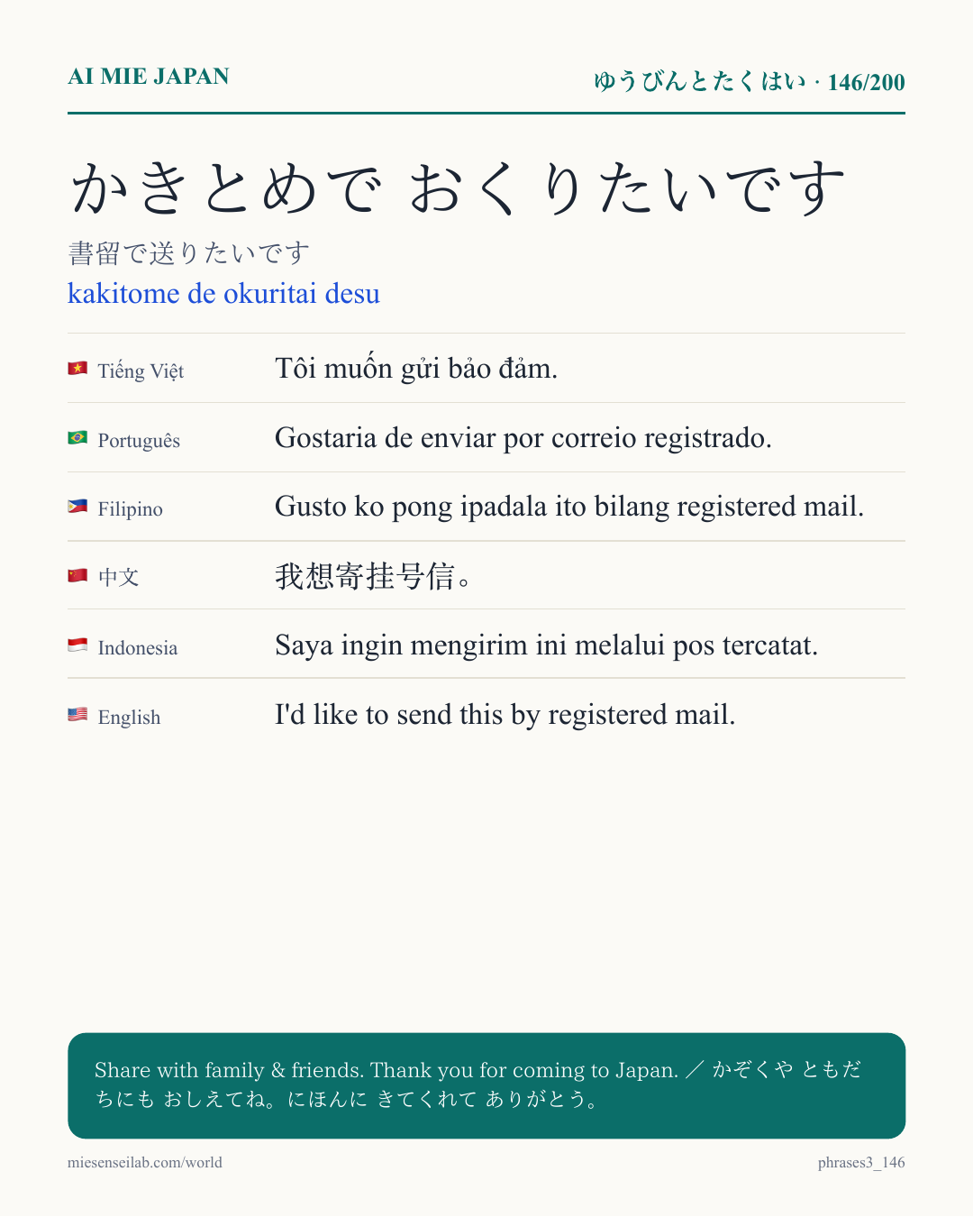かきとめで おくりたいです — 書留で送りたいです