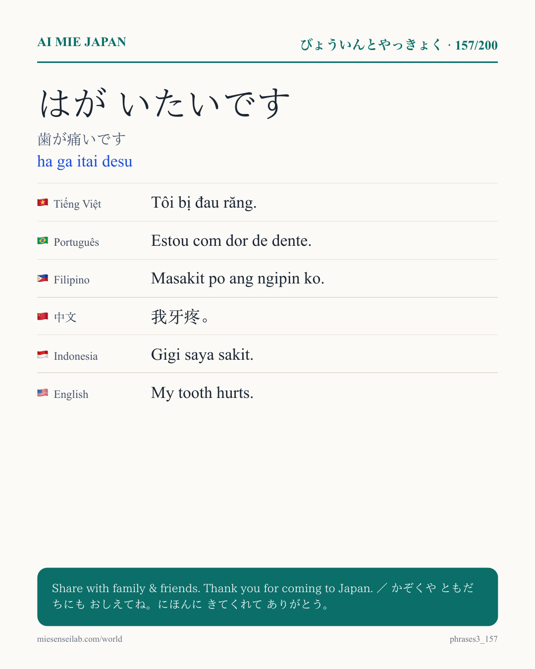 はが いたいです — 歯が痛いです