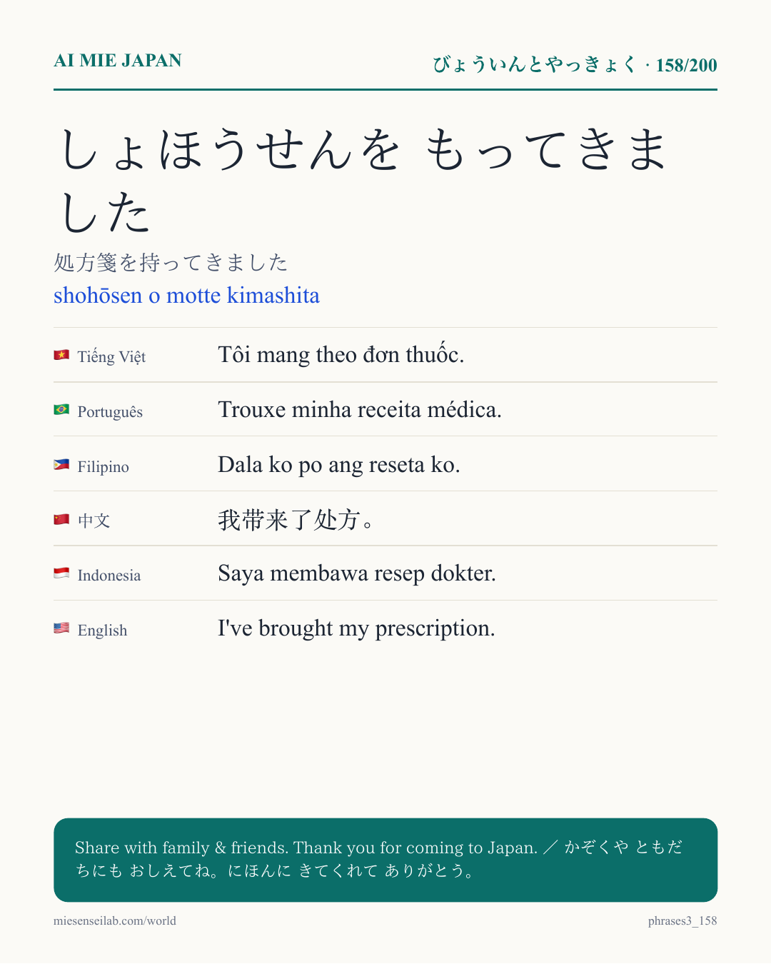 しょほうせんを もってきました — 処方箋を持ってきました
