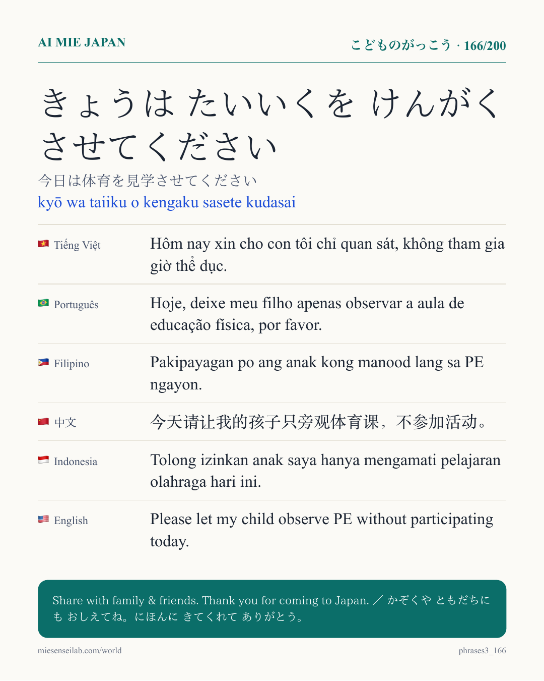 きょうは たいいくを けんがくさせてください — 今日は体育を見学させてください