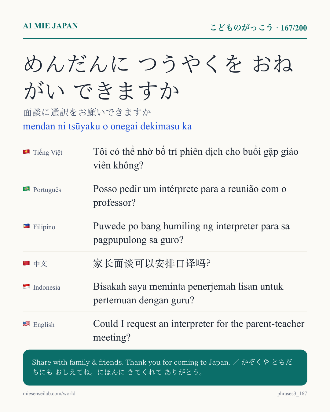 めんだんに つうやくを おねがい できますか — 面談に通訳をお願いできますか