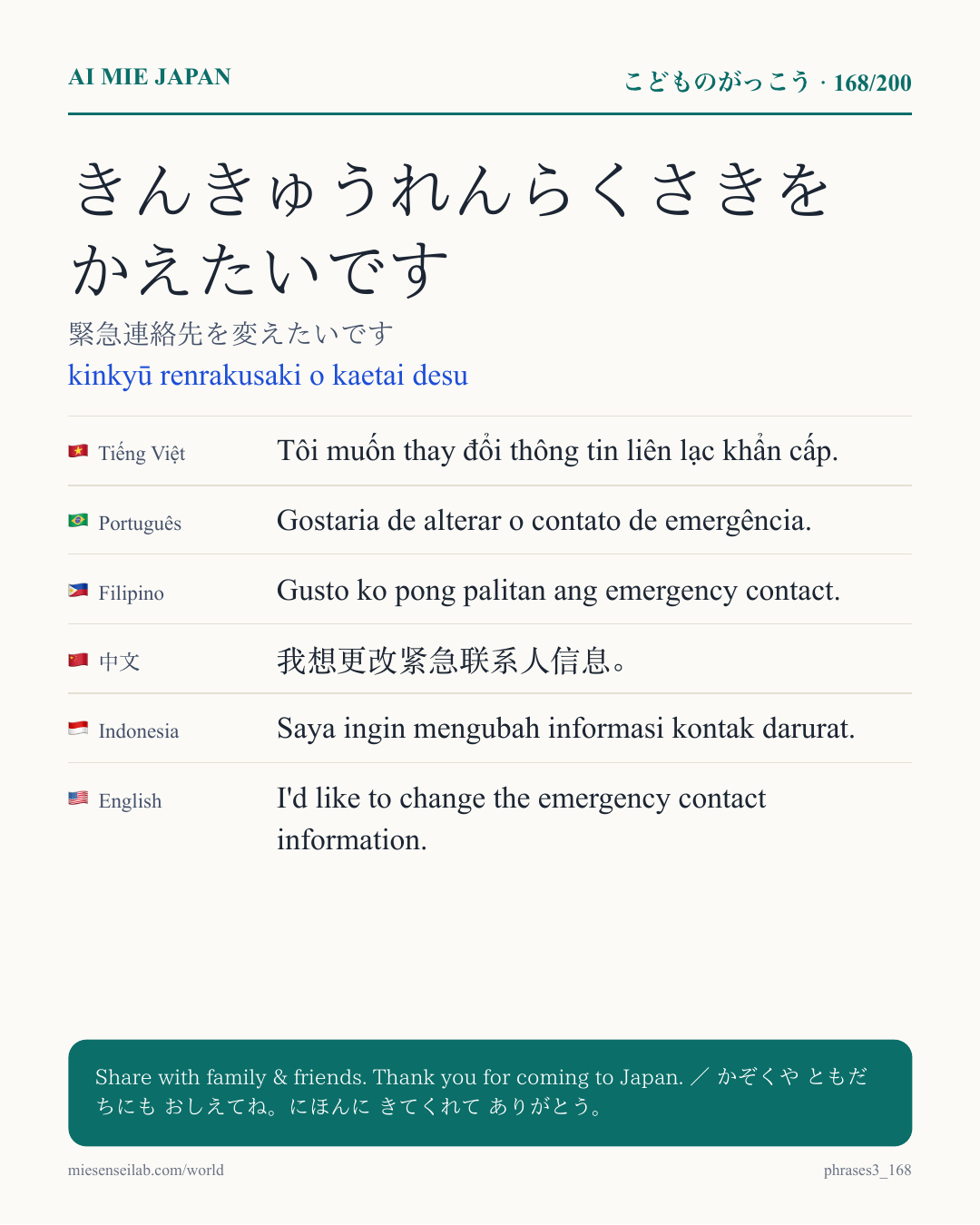 きんきゅうれんらくさきを かえたいです — 緊急連絡先を変えたいです