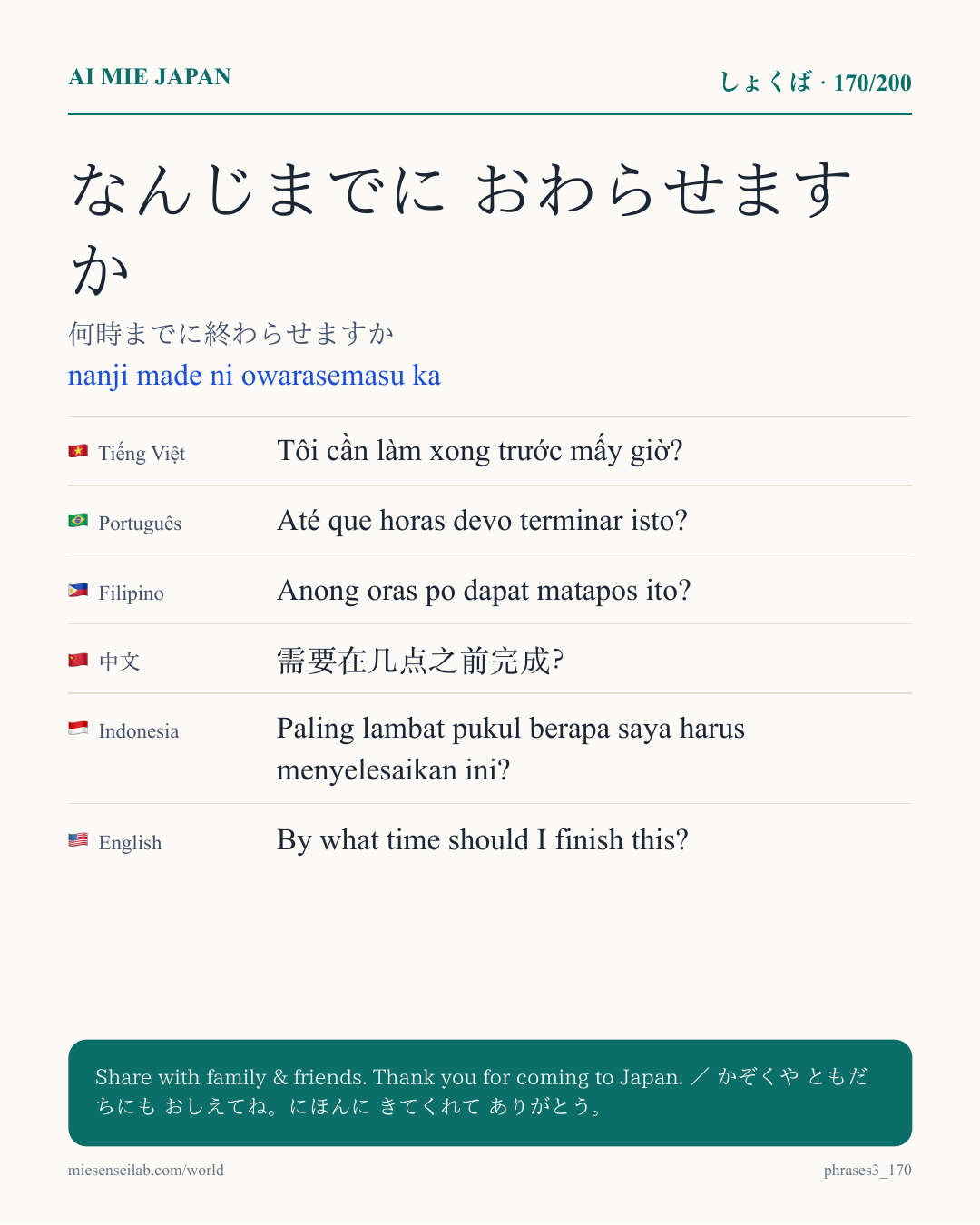 なんじまでに おわらせますか — 何時までに終わらせますか