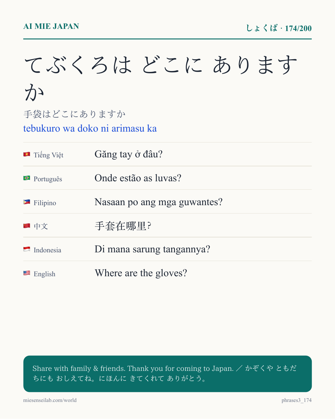 てぶくろは どこに ありますか — 手袋はどこにありますか