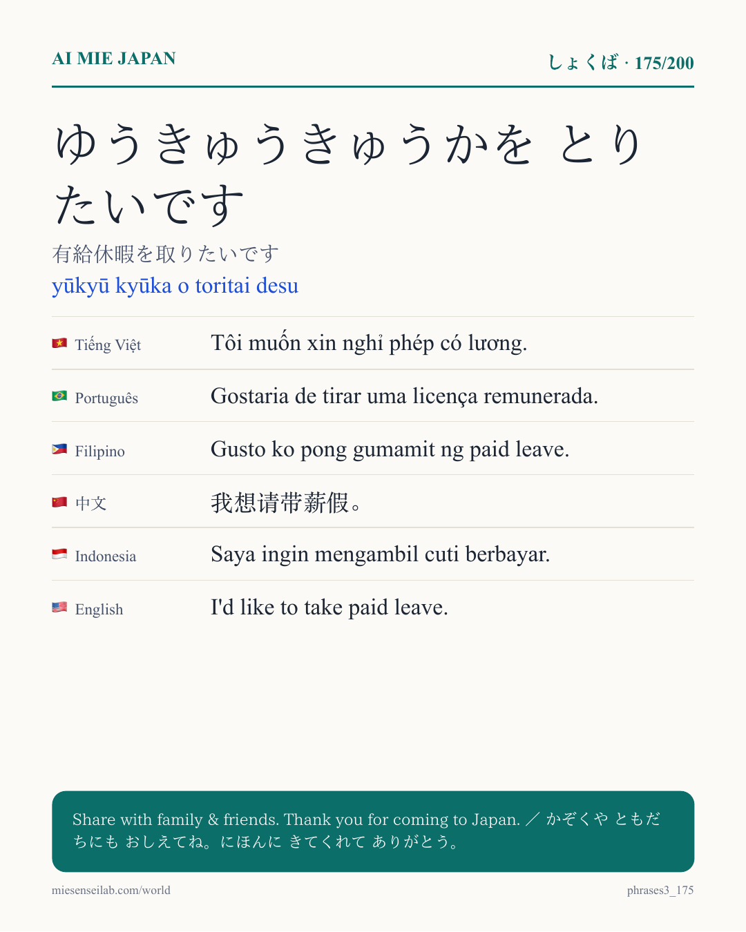 ゆうきゅうきゅうかを とりたいです — 有給休暇を取りたいです