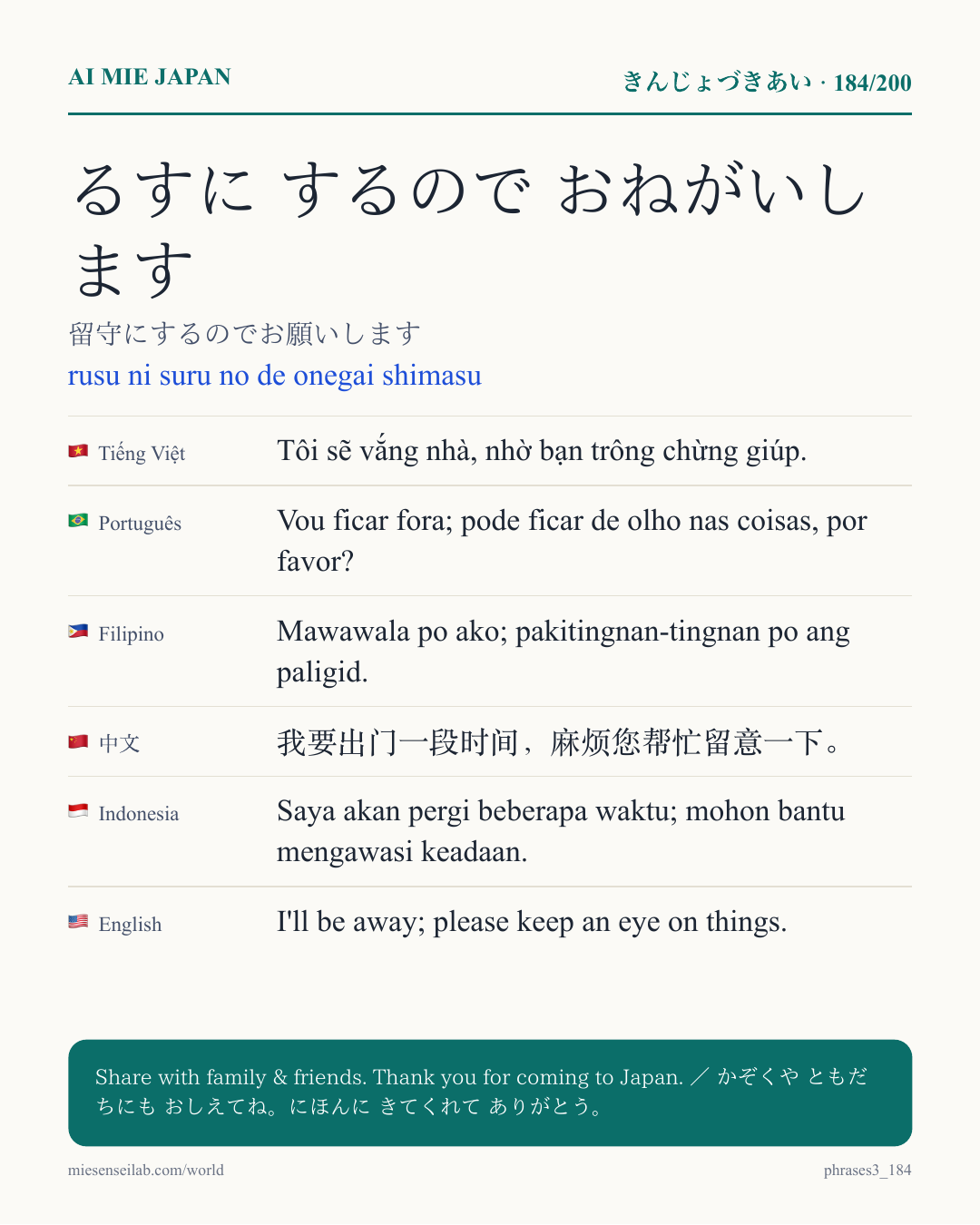 るすに するので おねがいします — 留守にするのでお願いします
